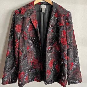 Vintage Chico’s Red Black Jacquard Blazer Metallic Artsy Jacket M